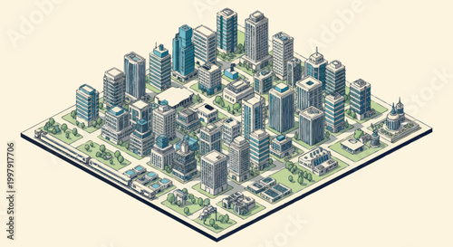 Cityscape with many skyscrapers and buildings.