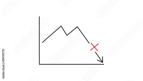 Photos Minimalist Black Line Vector Icon Illustration of a Declining Graph with a Red Error Cross on White Background, Representing Failure, Loss, or Negative Trend with Editable Stroke and Scalable Design