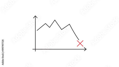 Konstfotografi Minimalist Business Failure and Error Rate Vector Icon Illustration with a Downward Trending Line Graph and Red X Mark, Featuring Editable Stroke for Customizable Line Weight and Design