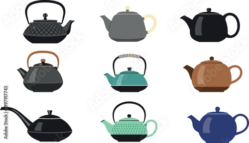 Teapot vector set featuring ceramic and metal tea kettles in various styles isolated on light background for kitchen and beverage design