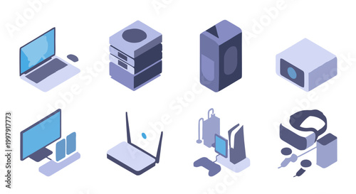 Isometric illustration of modern technology devices including laptops, servers, and cloud systems.