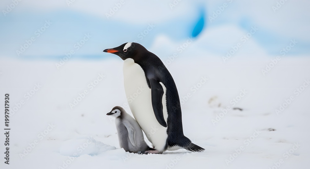 Obraz premium Gentoo penguin mother standing with her fluffy chick on the snowy Antarctic ice