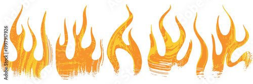 Hand Drawn Fire Icons Set, Abstract Orange and Yellow Flame Shapes Isolated on White Background, Cartoon Vector Illustration with Crayon, Chalk Graffiti, Grunge Punk Tattoo Style