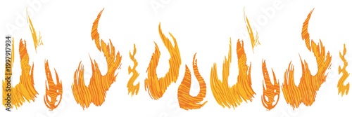 Hand Drawn Fire Icons Set, Abstract Orange and Yellow Flame Shapes Isolated on White Background, Cartoon Vector Illustration with Crayon, Chalk Graffiti, Grunge Punk Tattoo Style