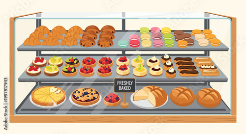 Fotografie Colorful display of assorted pastries and breads in a bakery case