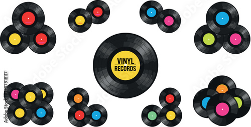 Vinyl record set with colorful labels arranged in different compositions retro music discs isolated vector illustration collection