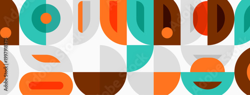 Geometric pattern. Repeating shapes create midcentury modern aesthetic. Brown, teal, orange hues dominate design. Simple forms, clean lines.