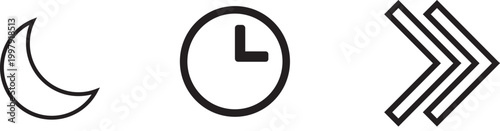 Set of three icons including a crescent moon, a clock, and double arrows