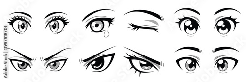 Japanese Anime Eyes Set, Black and White Manga Character Eye Expressions, Hand Drawn Animation Style Collection Isolated on Background, Detailed Vector Illustration