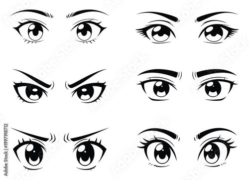 Anime Manga Eye Expressions Set, Black and White Japanese Animation Style Eyes, Hand Drawn Character Detail Collection Isolated on Background, Vector Illustration