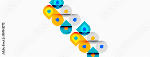 Colorful circles, squares, rectangles overlap white background. Geometric shapes create playful, modern design. Bright hues dominate composition.