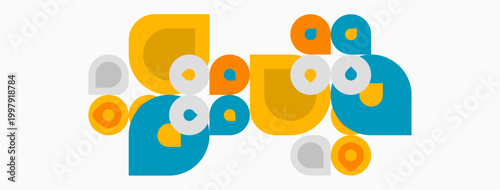 Abstract geometric shapes, orange, blue, gray. Minimalist design, playful composition, modern aesthetic. Simple forms create visual interest.