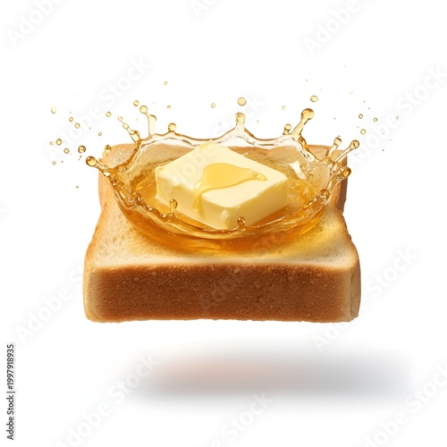 Golden Toast Slice with Butter and Honey Splash, Isolated on White