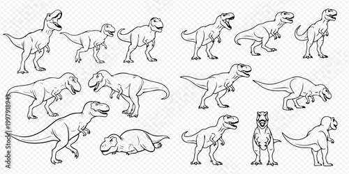 Set of various T-Rex dinosaur illustrations in different poses, black and white outline drawings.
