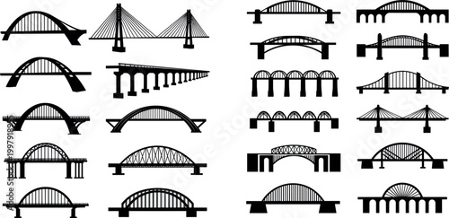 Black silhouette bridge collection featuring arch suspension and modern bridge designs isolated vector set for infrastructure architecture and transportation concepts
