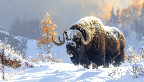 A large brown muskox with curved horns in a snowy landscape