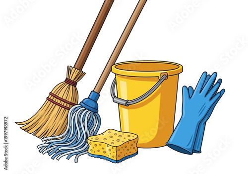 Cleaning supplies including a broom mop bucket sponge and rubber gloves