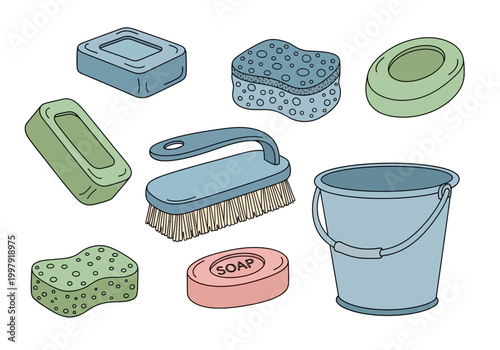 Collection of illustrated cleaning supplies including soap bars sponges a scrub brush and a bucket