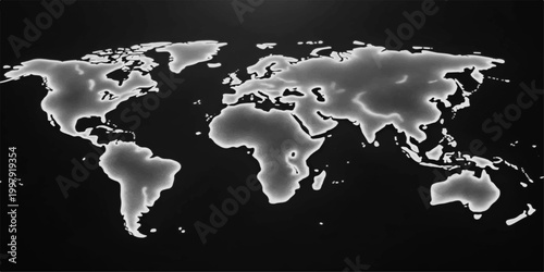 Detailed 3d vector illustration of a global earth atlas featuring a world map on black background with continents like Europe, Asia, and America for geography and business travel design