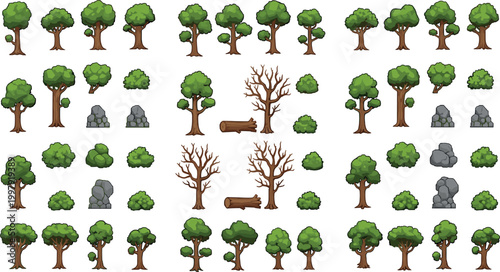 Cartoon forest asset pack with trees bushes rocks logs and dead trees for game design nature environment vector set