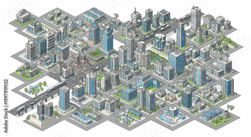 Cityscape with modern skyscrapers and buildings.