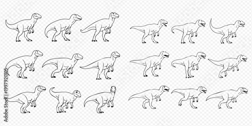 Set of black and white dinosaur line art illustrations for animation or educational content.