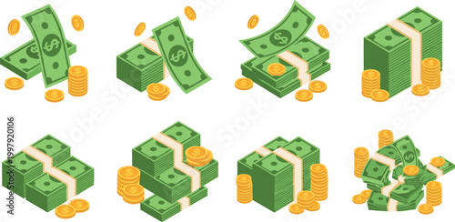 Cash money stacks and coins collection with dollar bills bundles and financial wealth concept isolated vector set for business and economy design