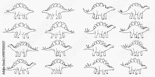 Set of hand-drawn Stegosaurus dinosaurs in various poses, perfect for children's books and educational materials.