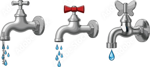 Water Tap Set with Different Faucet Designs and Dripping Drops for Plumbing, Household Utilities, Water Supply, and Sanitary Illustration Collection