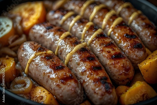 beer-braised brats with butternut squash and onions drizzled with mustard