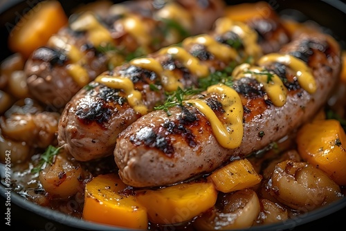 beer-braised brats with butternut squash and onions drizzled with mustard