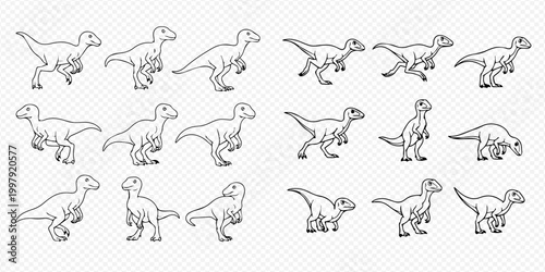 Dinosaur raptor animation sprite sheet for game development.