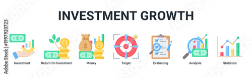 Investment Growth banner featuring investment,ROI,money,target,evaluating,analysis and statistics icons for financial success concept