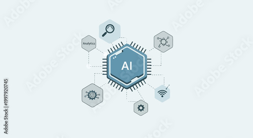 Advanced artificial intelligence and data processing concept illustrating a 5G network chip with interconnected digital signals for seamless communication and innovation