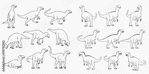 Iguanodon dinosaur line art set in various poses for prehistoric and educational themes.