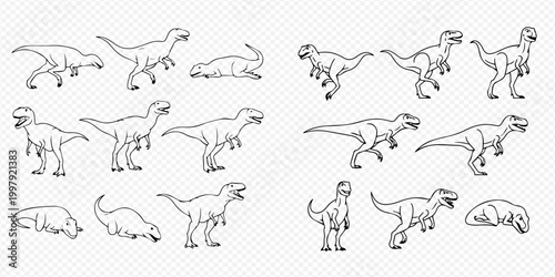 Set of various dinosaur line art illustrations showing different poses and actions.