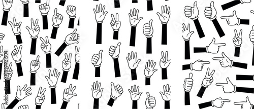 Hand gesture collection with thumbs up pointing peace sign and counting fingers black and white cartoon vector set isolated