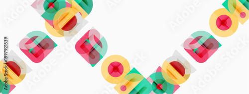 Abstract geometric shapes overlap, creating colorful patterns. Circles, squares, triangles form repeating design elements. Minimalist style, bright hues present.