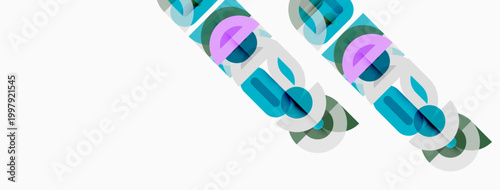 Abstract geometric shapes overlap, creating layered visual effect. Teal, purple, white hues dominate composition. Minimalist design.