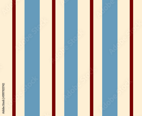 vertical stripe wallpaper pattern with sky blue and deep red stripes on warm beige background, classic vintage textile design, minimalist geometric lines