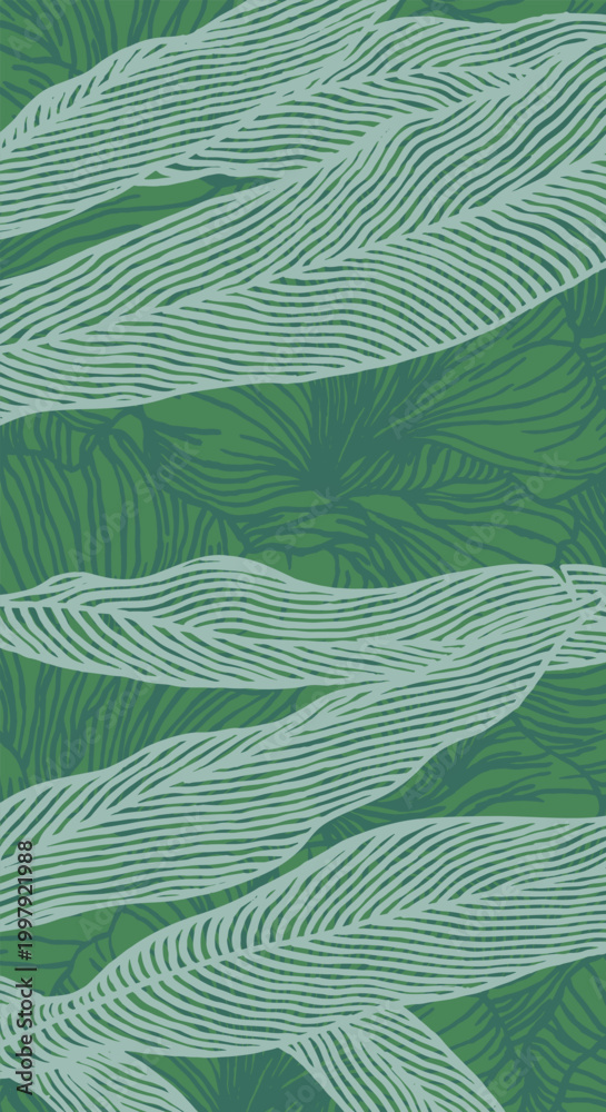 Obraz premium Hand drawn brush lines Japanese inspired tropical leaf in vintage woodcut style background. Ethnic and tribal block print, hand paint texture graphic for banner, textile and carpet.