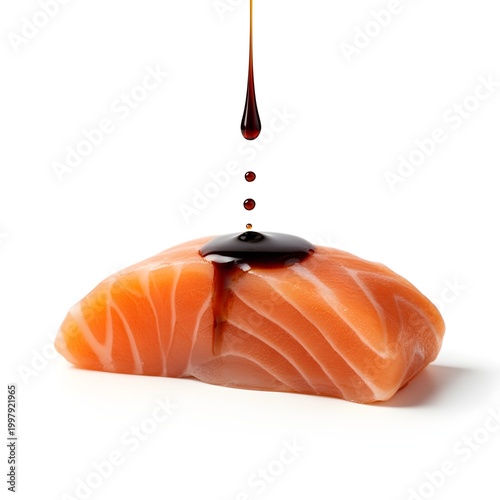Fresh Salmon Sashimi Slice with Soy Sauce Mist, Isolated on White