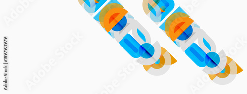 Abstract geometric shapes overlap, creating colorful patterns. Bright hues contrast against white background. Modern design element.