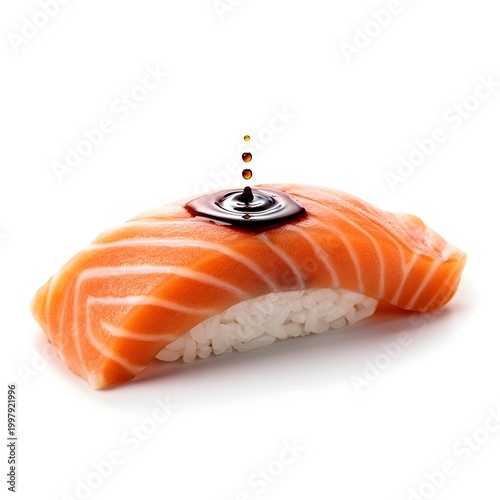 Salmon Sashimi Slice with Soy Sauce Droplet, Isolated on White Background