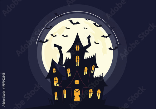 Slika na platnu A spooky haunted house under a full moon with bats