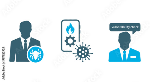 Cybersecurity and digital threat protection icons for vulnerability check mobile security and virus protection on devices, modern security technology symbols clean vector illustration