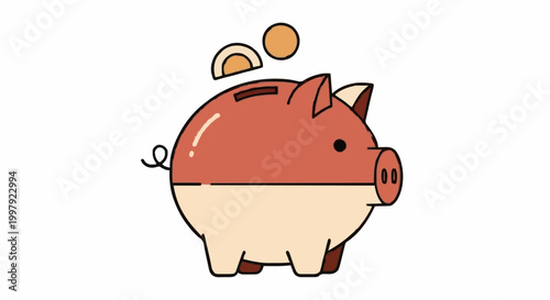 Piggy bank illustration with coins above, facing right, in a saving environment, viewed from front, as a cartoon