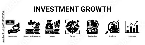Investment Growth banner featuring investment,ROI,money,target,evaluating,analysis and statistics icons for financial success concept