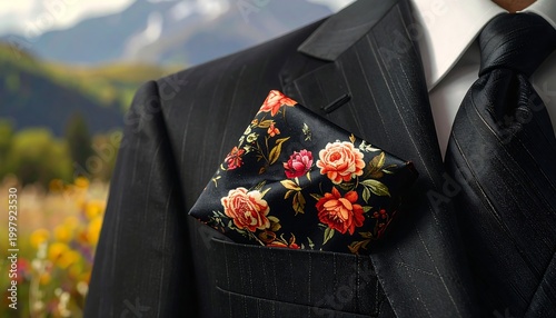 A man's suit jacket with a floral pocket square