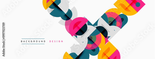 Abstract geometric shapes overlap, creating vibrant colorful design. Minimalist style with text indicating background element.